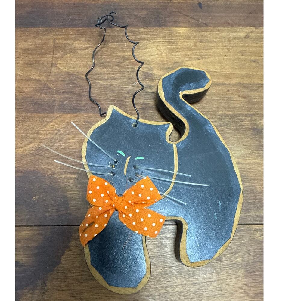 Primitive Country Wooden Hanging Knick Knack Black Cat Halloween Home Décor